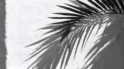 Obraz premium Shadows of Serenity: The tranquil interplay of light and shadow, as the palm leaf casts its silhouette upon a textured wall. A study in contrasts, conveying a sense of peace and natural beauty.