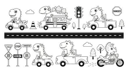 Obraz premium Adorable Cartoon Dinosaurs Driving Various Vehicles on the Road with Traffic Signs and Lights – Black and White Outline Illustrations Set for Kids