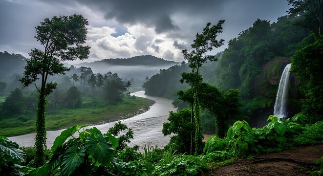 Dramatic jungle landscape with a winding river and waterfall under a stormy sky.