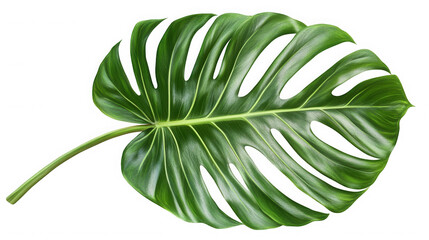 Single green monstera leaf isolated on transparent background in a studio shot