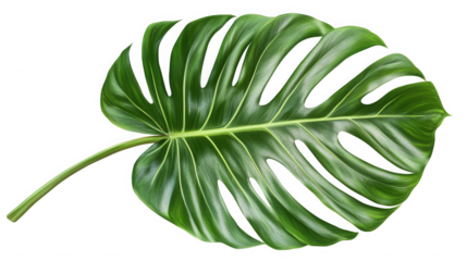 Single green monstera leaf isolated on transparent background in a studio shot