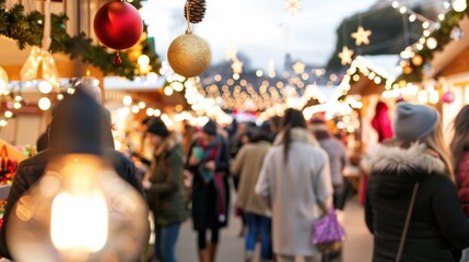 Festive Christmas Market Scene with Blurry Crowd and Warm Lights at Night