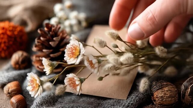 Autumnal floral arrangement with pine cone nuts and decorative elements