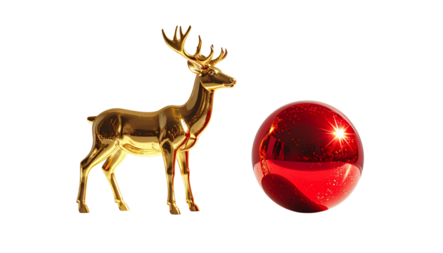 Golden Reindeer and Red Bauble Ornament Set, isolated on transparent background 