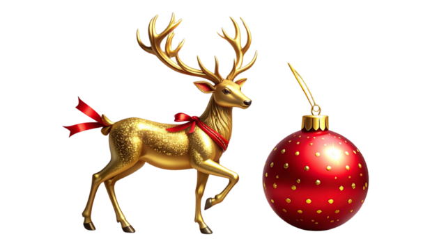 Golden Reindeer and Red Bauble Ornament Set, isolated on transparent background 