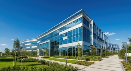 Fototapeta premium Modern Office Building With Glass Facade And Green Landscape Under Blue Sky