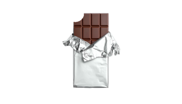 A partially-eaten bar of dark chocolate, unwrapped, resting on foil. Black background