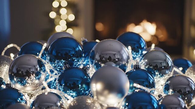 Sparkling Blue and Silver Christmas Ornaments with Warm LED Fairy Lights on a Blurred Festive Background Perfect for Holiday Season Celebrations and Winter D�cor