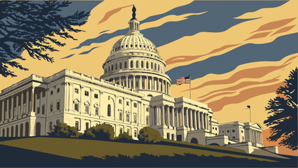 Iconic washington dc skyline featuring us capitol building with american flag suitable for patriotic backgrounds, travel websites, american governmentrelated projects.