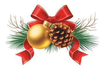 Elegant Christmas ornament with golden bauble, pinecone, festive red ribbon, and evergreen accents, perfect for holiday designs