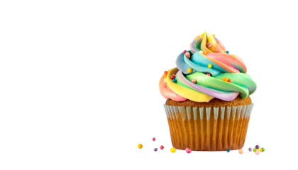 A single cupcake, rainbow frosting with sprinkles, sits against a black background