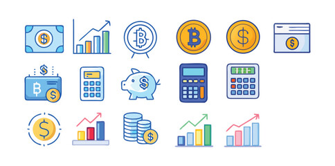 Finance & Investment Icons Pack | Money, Bank, Stock Market, Cryptocurrency, and Growth Vector Set