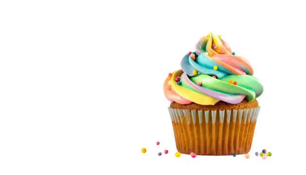 A single cupcake, rainbow frosting with sprinkles, sits against a black background