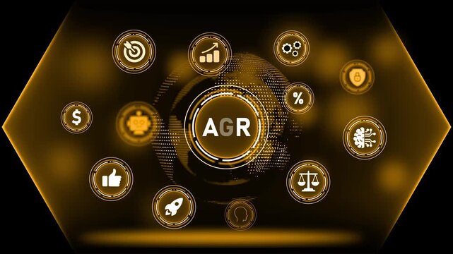 Average Growth Rate Metrics with Business Icons and Globe Keywords: AGR, average growth rate, growth, business, finance, metrics, data, analytics, chart, graph, target, goal, success, profit