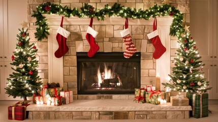 Warm Christmas Hearth with Lit Trees, Hung Stockings, and Wrapped Gifts