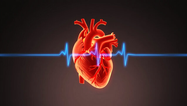 Vivid red heart with pulsing blue electrocardiogram line organ human