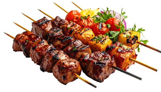 Grilled skewers of assorted meats and vegetables arranged on a bed of greens