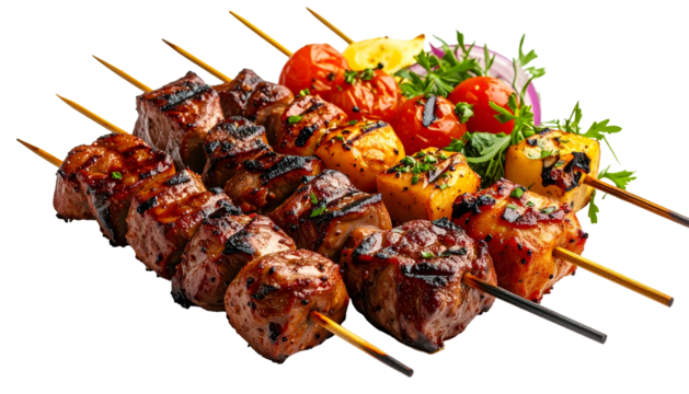 Grilled skewers of assorted meats and vegetables arranged on a bed of greens