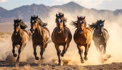 Four horses galloping across desert sands, symbol of freedom and strength, editorial style with dynamic motion and natural power.