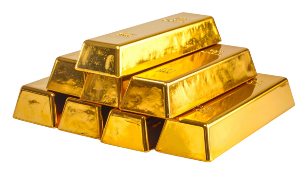 Pile of shiny rectangular ingots, stacked in a triangular arrangement, against black