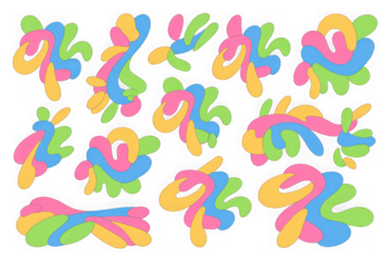 Vibrant fluid abstract organic shapes, playful design elements isolated on transparent background