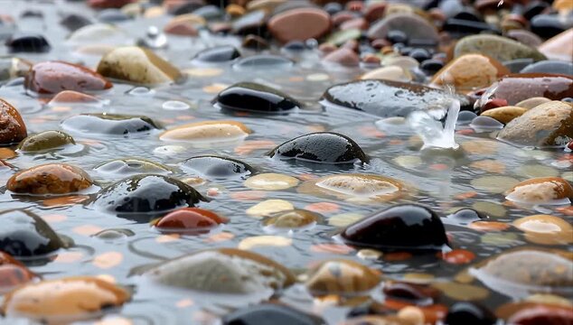 Close up of Smooth Wet Beach Pebbles and Ripples with Water Droplet Splash