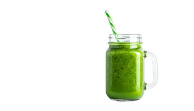 Green smoothie in a clear mason jar with striped straw, isolated on black background
