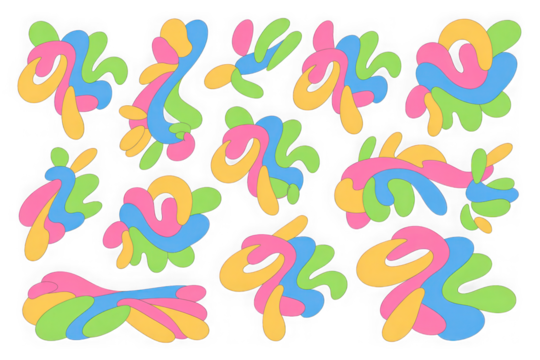 Vibrant fluid abstract organic shapes, playful design elements isolated on transparent background