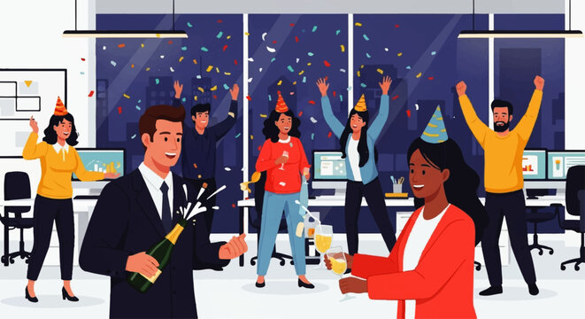 Office Celebration with Champagne and Confetti.
