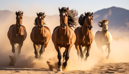 Four horses galloping across desert sands, symbol of freedom and strength, editorial style with dynamic motion and natural power.