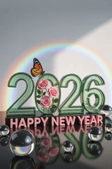 A luminous green glass ‘2026’ blooms with pink roses and a monarch butterfly, symbolizing renewal and beauty for the new year. 
