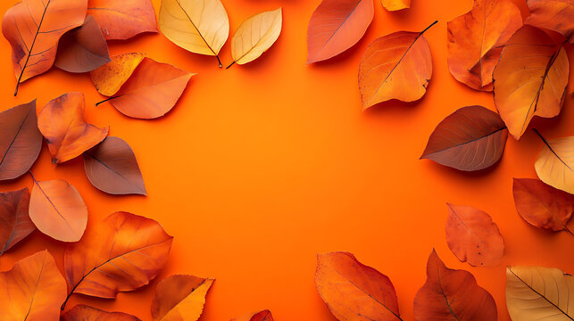 Warm autumnal background with colorful fall leaves frame for seasonal greetings and thanksgiving day invitations,copy space and bright orange surface