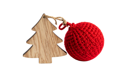 Knitted Christmas Bauble and Wooden Tree Decor, isolated on transparent background 