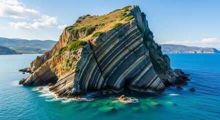Dramatic Rock Formation in the Ocean with Layered Strata.