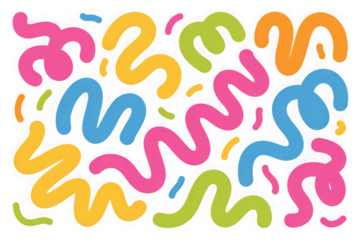 Dynamic abstract pattern with vibrant wavy lines and confetti shapes isolated on transparent background