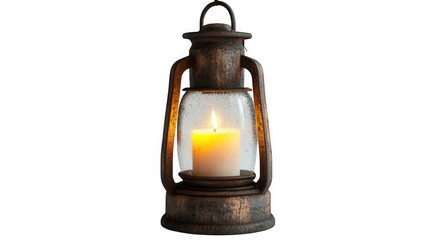 Vintage lantern with a candle isolated on transparent background is glowing