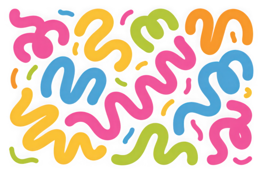 Dynamic abstract pattern with vibrant wavy lines and confetti shapes isolated on transparent background