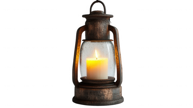 Vintage lantern with a candle isolated on transparent background is glowing