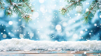 Snowy wooden table with pine branches and falling snow. Winter Christmas background with bokeh lights.