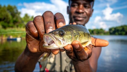 A person proudly holding a freshly caught bass, symbol of skill and outdoor adventure, editorial style with vibrant natural energy.