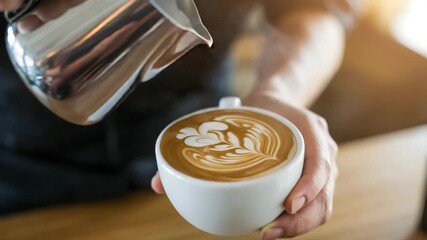 Barista crafting latte art, pouring creamy foam into hot coffee with precision - Powered by Adobe