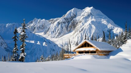 Idyllic snowy mountain landscape with a charming wooden chalet under a clear blue sky