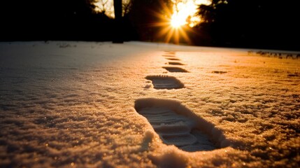 Golden sunrise illuminating footprints in fresh winter snow, a path into the light