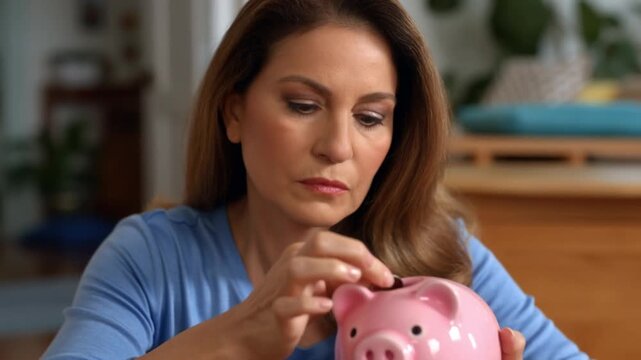 A woman carefully deposits a coin into a piggy bank, symbolizing savings and financial planning Stock Video