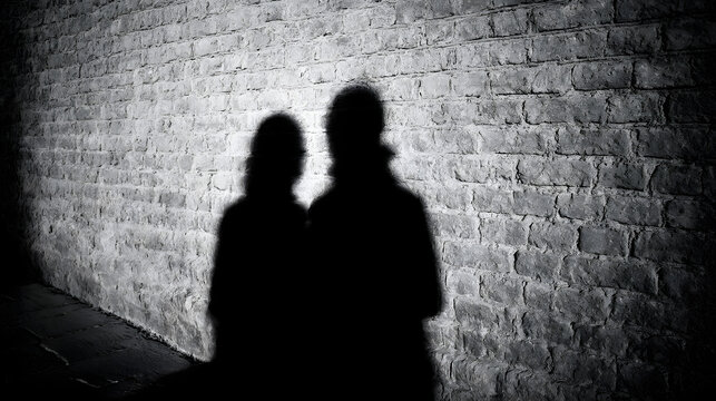 Shadowy Embrace: A poignant moment captured in stark monochrome as two figures merge into a single shadow, casting a striking silhouette against a textured brick wall. - Powered by Adobe