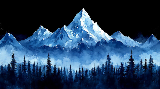 Watercolor mountain landscape with forest and snow capped peaks under a night sky