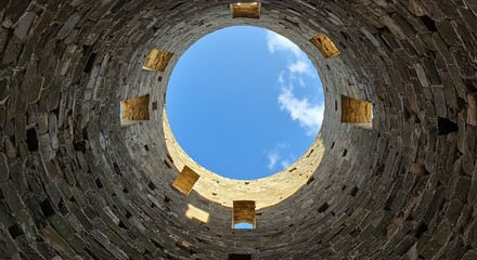 Looking Up Through a Stone Tower at the Sky.
