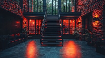 Red-lit Interior Staircase in a Brick Loft