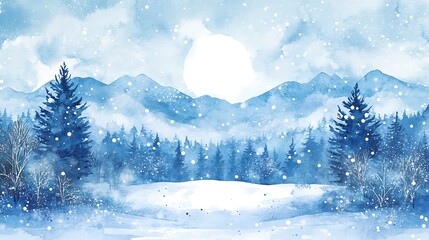 Watercolor winter landscape with snow falling forest and mountains in blue tones artistic illustration