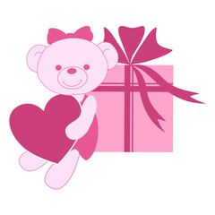 Cute Pink Teddy Bear Holding Heart and Gift Box Illustration